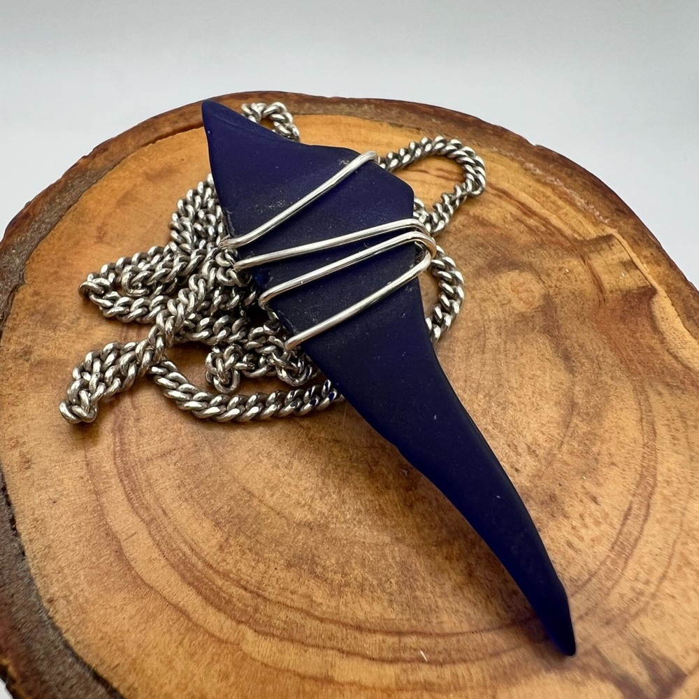 Unique Dark Blue glass Pendant w/ a 18” Sterling Silver Necklace